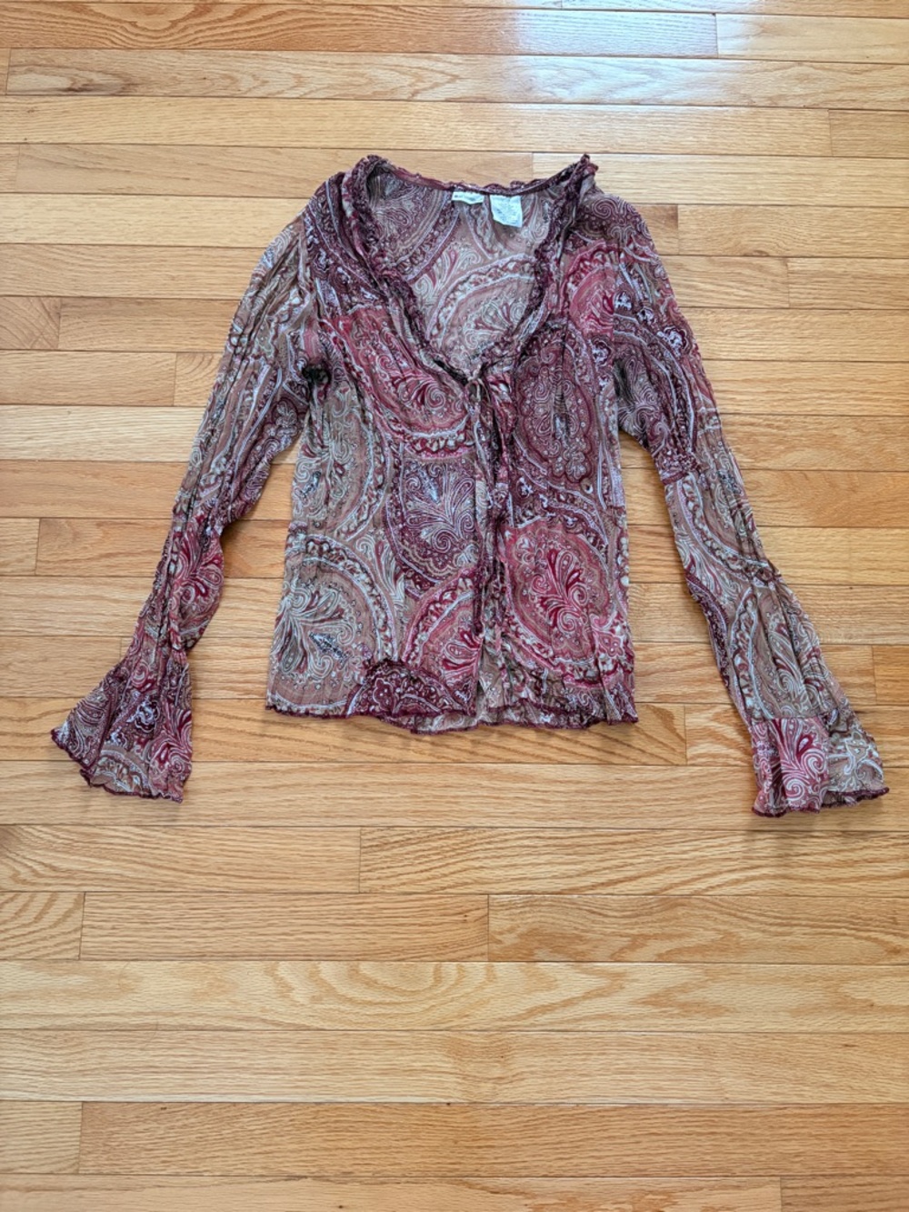 Paisley Ruffle V-Neck Blouse in Burgundy and Beige